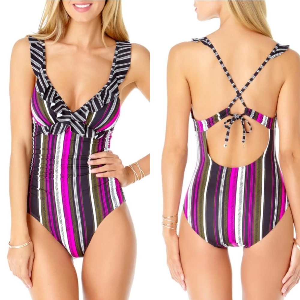 Anne Cole Sketchbook Shoulder Flounce One Piece